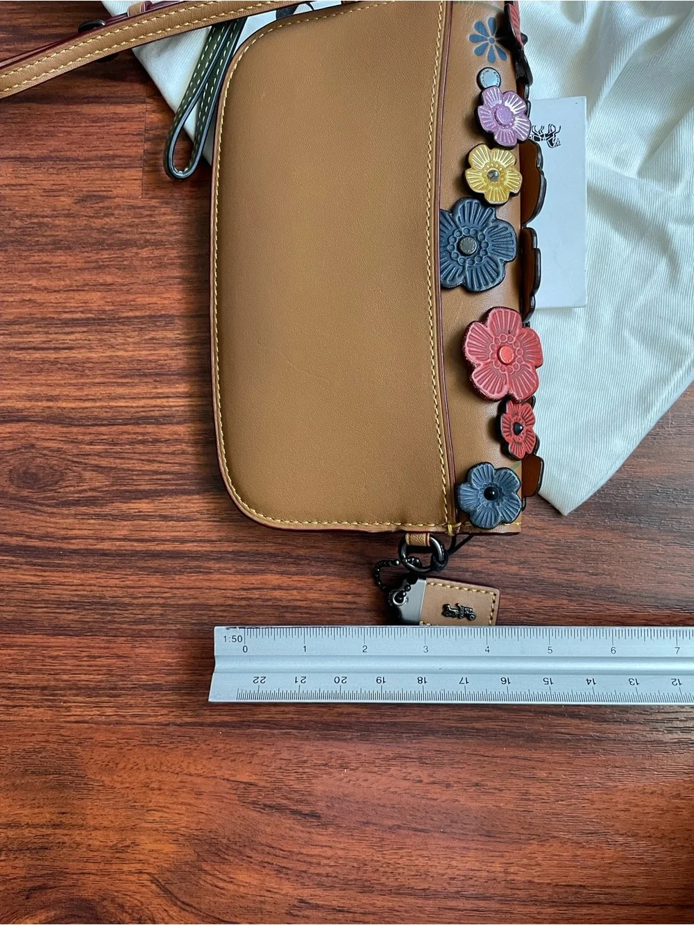 COACH Tan Floral Appliqué Leather Wristlet Clutch with Multicolor Flowers